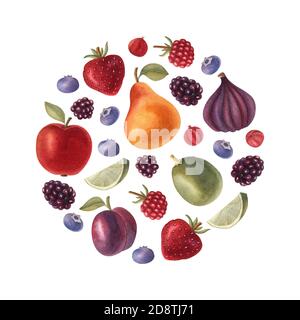 Aquarell-Rundrahmen mit Früchten und Beeren. Handgezeichnete helle Illustration gesunder frischer Lebensmittel. Design für Einladungen, Grußkarten, Poster. Stockfoto