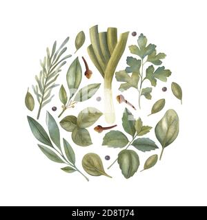 Aquarell runden Rahmen mit Kräutern. Handgezeichnete helle Illustration gesunder frischer Lebensmittel. Design für Einladungen, Grußkarten, Poster und Dekor. Stockfoto