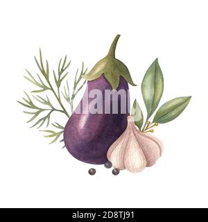 Aquarell pflanzliche Zusammensetzung mit Kräutern, Auberginen und Knoblauch. Eine helle Illustration für gesunde frische Lebensmittel. Ideal für Grußkarte, Einladung. Stockfoto