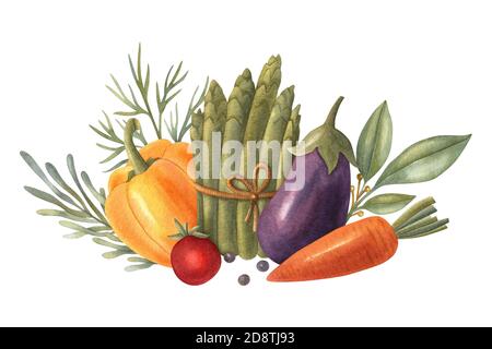 Aquarell pflanzliche Zusammensetzung mit Kräutern, gelber Paprika, Auberginen, Tomaten, Karotten und Spargel. Eine helle Illustration für gesunde frische Lebensmittel. Stockfoto