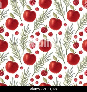 Aquarell nahtloses Muster mit Apfel, Rosmarin, roten ribes und Himbeere auf dem hellen Hintergrund. Helle Cartoon handbemalte Illustration. Stockfoto
