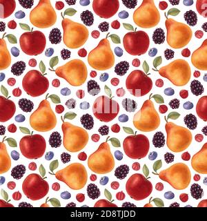 Aquarell nahtloses Muster mit Birne, Apfel, Brombeere, roten ribes und Heidelbeere auf dem hellen Hintergrund. Helle Cartoon handbemalte Illustration. Stockfoto