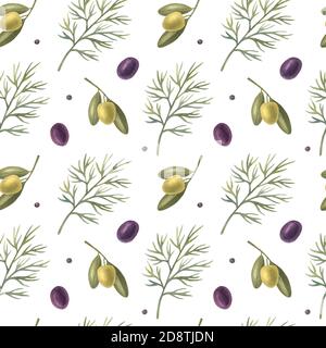 Aquarell nahtloses Muster mit Dill, Olivenzweig und schwarzem Pfeffer auf dem hellen Hintergrund. Helle Cartoon handbemalte Illustration. Stockfoto