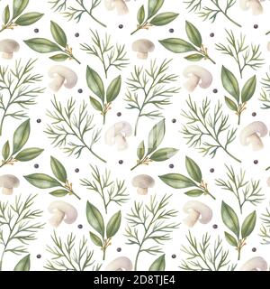 Aquarell-Nahtloses Muster mit Dill, Lorbeerblatt, Pilz und schwarzem Pfeffer auf dem hellen Hintergrund. Helle Cartoon handbemalte Illustration. Stockfoto