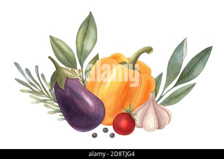 Aquarell pflanzliche Zusammensetzung. Eine helle Illustration für gesunde frische Lebensmittel. Vegane Designelemente. Ideal für Grußkarte, Einladung, Banner. Stockfoto