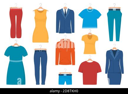 Männer- und Frauenkleidung auf Kleiderbügeln, Set. Kleid, Hose, Sweatshirt, T-Shirt, Shorts, Top, Jacke Anzug Vektor-Illustration Stock Vektor