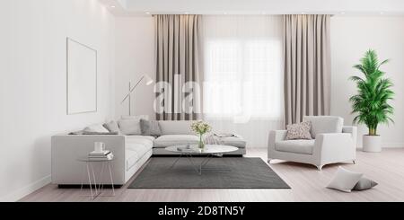 Modernes Wohnzimmer, Innenarchitektur mit grünen Pflanzen 3D Rendering 3D Illustration Stockfoto