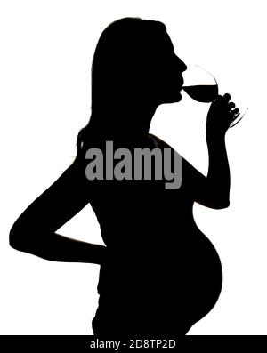 Schwangere Frauen trinken roten Wein Silhouette Ausschnitt Stockfoto