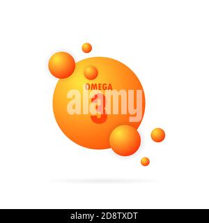 Omega-3-Goldsymbol. Fischöl-Kapsel. Vitamintropfen Kapsel. Gold Essenz Bio Ernährung. Glänzendes goldenes Essenz Tröpfchen. Schönheitsbehandlung Stock Vektor