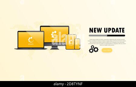 Neues Update für Geräte-Banner. Computer, Laptop, Tablet und Smartphone Bildschirm mit Update-Prozess. Vektor auf isoliertem weißem Hintergrund. EPS 10 Stock Vektor