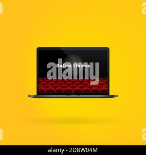 Online-Kino-Banner. Online-Service. Film auf dem Laptop ansehen. Vektor auf isoliertem Hintergrund. EPS 10 Stock Vektor