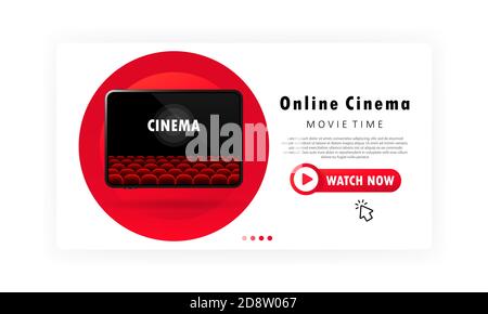 Online-Kino-Banner. Filmzeitkonzept. Film auf dem Tablet ansehen. Vektor auf isoliertem weißem Hintergrund. EPS 10 Stock Vektor