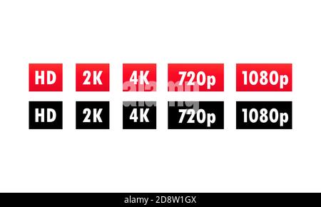 Videoqualität Symbol HD, Full HD, 2K, 4K, 720p, 1080p Zeichen. Symbole für die Bildschirmauflösung. Vektor auf isoliertem weißem Hintergrund. EPS 10 Stock Vektor