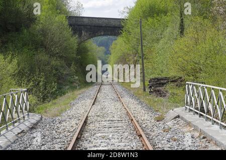 Gerade Eisenbahnstrecke in Richtung Horizont Stockfoto