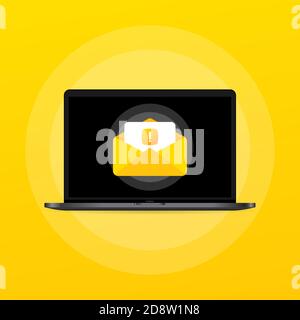 Geöffneter Umschlag mit Ausrufezeichen auf der Abbildung des Dokuments. Antwort für E-Mail. Laptop wird verwendet. Vektor auf isoliertem Hintergrund. EPS 10 Stock Vektor