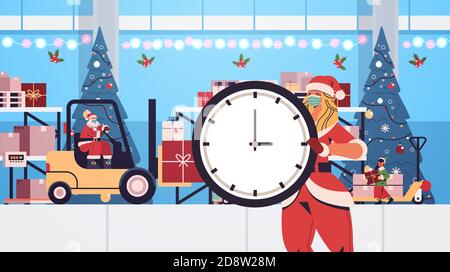 weihnachtsmann mit Elf und weihnachtsfrau Vorbereitung Geschenke auf Frohes neues Jahr fröhliche weihnachten Winterferien Feier Konzept Workshop Horizontale Vektordarstellung im Innenraum Stock Vektor