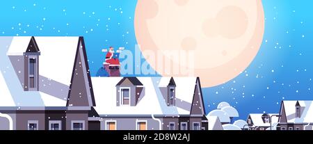 weihnachtsmann in Maske sitzt auf dem Dach mit Laptop glücklich Neujahr fröhlich weihnachten Feier Konzept voller Länge horizontal vektorgrafik Stock Vektor