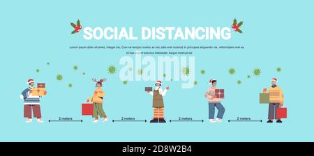 Menschen in Masken halten soziale Distanz, um eine Coronavirus-Pandemie zu verhindern Neujahr weihnachten Feiertage Feier Konzept volle Länge horizontale Kopie Vektordarstellung für den Raum Stock Vektor