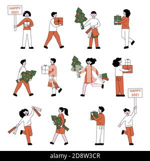 Set von Menschen mit Weihnachtsbäumen und Geschenken Stock Vektor