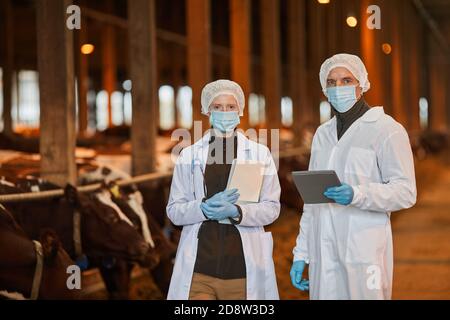 Waist-up-Porträt von zwei Tierärzten in Masken auf der Farm und Blick auf die Kamera, während sie Tabletten, Kopierer Platz Stockfoto