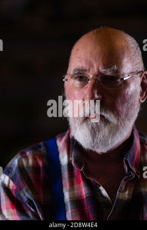 Kaukasischer Mann von 70, kahl und bärtig. Stockfoto