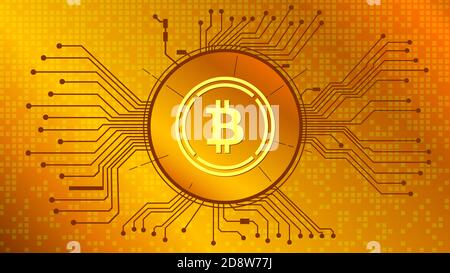 Eingewickeltes Bitcoin WBTC Token Symbol des DEFI-Projekts im Kreis mit Leiterbahnen auf goldenem Hintergrund. Kryptowährung-Symbol. Dezentrales Finanzprogramm Stockfoto