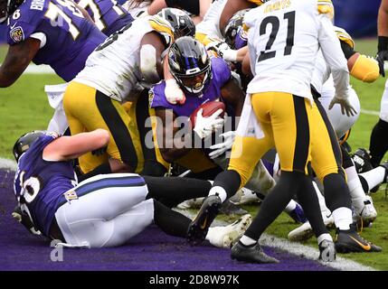 Baltimore, Usa. November 2020. Baltimore Ravens Gus Edwards eilt am Sonntag, 1. November 2020, für einen 1-Yard-Touchdown gegen die Pittsburgh Steelers in der ersten Hälfte im M&T Banks Stadium in Baltimore, Maryland. Foto von Kevin Dietsch/UPI Kredit: UPI/Alamy Live News Stockfoto