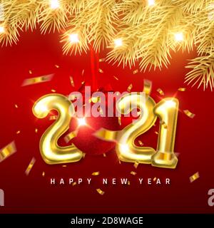 Frohes neues Jahr 2021 Cover. Weihnachtliche goldfarbene Fichtenzweige. Goldener Helium Ballon Zahlen 2021 und Weihnachtskugel mit roter Schleife und Konfetti auf rotem Backgroun Stock Vektor