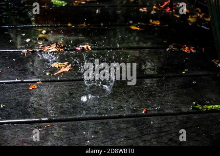 Krönt wie ein einziger Regentropfen auf Deck im Garten, mit Herbstblättern Stockfoto