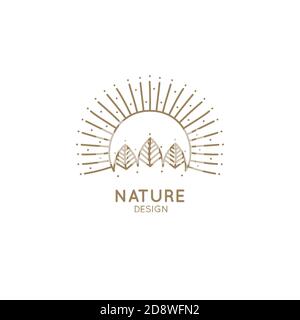 Logo Sun. Vektor-Logo der Natur Elemente isoliert in linearen Stil. Skizzieren Symbole Landschaft mit Bäumen und Sonne Stock Vektor