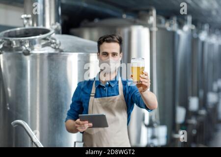 Selbstbewusster Spezialist in Schürze hält Bierglas, Brauereiexperte Kontrolle der Qualität von Ale Stockfoto