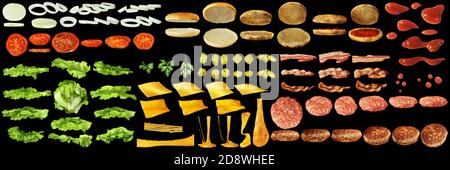 Zutaten für fliegende Burger Zubereitung isoliert einstellen. Stockfoto