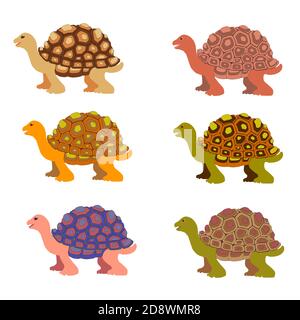Cartoon Schildkröte. Sechs. Bunte kleine Schildkröten, moderne Farben. Vektorset. Eine Sammlung von niedlichen freundlichen aquatischen und terrestrischen Reptilien. Marine Stock Vektor