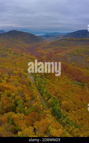 Visegrad, Ungarn - Luftaufnahme der Asphaltstraße durch den Wald, Herbststimmung, warme Herbstfarben. Grüne, rot gelbe und orange gefärbte Bäume. Stockfoto