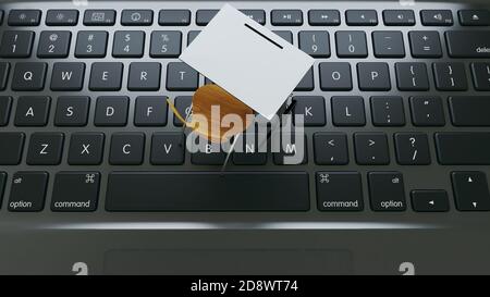 Online-Klassenraum-Konzept für Online-Bildung. Moderne Klassenzimmer Holztische auf den Laptops schwarze Tastatur. 3D-Rendering Stockfoto