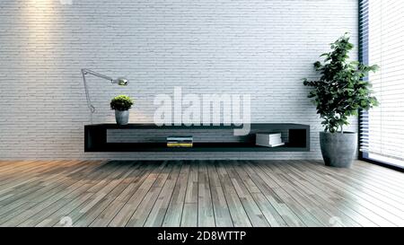 Minimalistisches Design tv-Raum für moderne Büro oder zu Hause. Gedanke Design-Idee mit weißen Ziegelwand und schwarzen tv-Einheit, kleine Pflanze 3D-Rendering Stockfoto