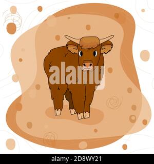 Cute Cartoon Bull High Land Kuh steht auf dem Boden auf rosa und braunen Hintergrund. Isolierter Charakter mit Pony Stock Vektor