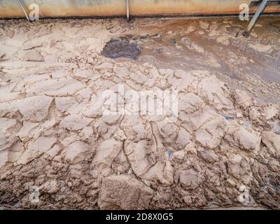 Detail von Schaum in riesigen Beton kreisförmigen Sedimentation Tank Wasser absetzen, Reinigung in der Wasserstation. Stockfoto