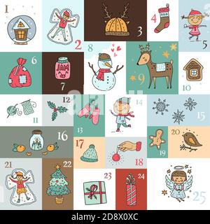 Cute Cartoon Adventskalender mit lustigen Tieren, und Zeichen für 25 Tage. Lebendiger Adventskalender für Kinder. Quadratischer Kalender mit Neujahrsdekor. Weihnachtskind Grußkarte mit lustigen Illustrationen. Stock Vektor