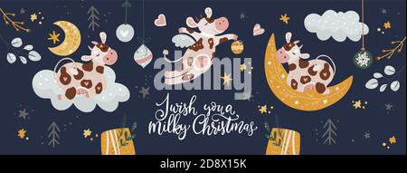Weihnachten Kuh Tier Social Media Vektor-Banner. Cute zeichnen Vektor Illustration Vorlage Banner Hintergrund. Hand gezeichnet niedlichen Cartoon-Stil. Frohes 2021 Jahr. Stock Vektor