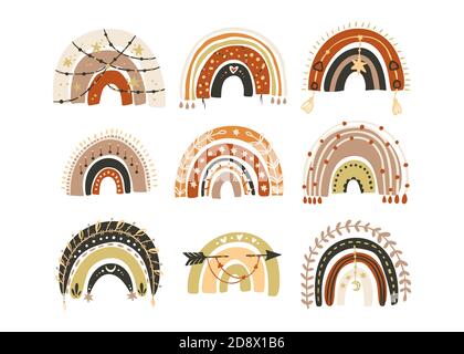Skandinavischer Vektor Boho Regenbogen Set. Perfekt für Kinder Zimmer Wanddekor, Textil und Kinder-Design. Handgezeichnete kindliche dekorative trendige Kunstkollektion. Stock Vektor
