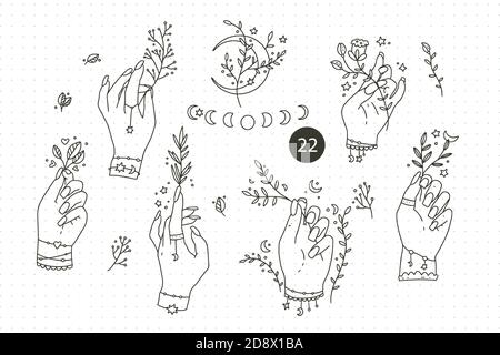 Sammlung handgezeichnete Hand-Set. Magische Frau umreißen Symbole, Boho Vektor-Illustrationen. Kann Tattoo Design, mystische esoterische Symbol verwenden. Stock Vektor