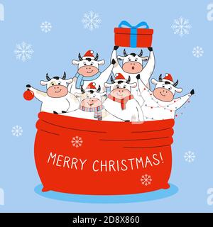 Gruß Weihnachtskarte, Stier in roter Tasche santa claus. Neujahr Symbol Cartoon Kuh, Büffel oder Kalb. Frohe Weihnachten und Frohes neues Jahr. Handgezeichneter Tier Charakter Urlaub Vektor Stock Vektor