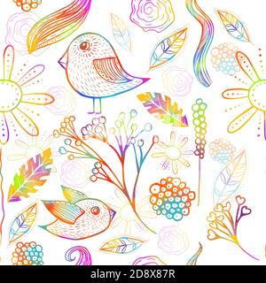 Dekorative Vögel und Blumen Nahtloses Muster. Mehrfarbiges Muster. Gemischte Medien. Vektorgrafik Stock Vektor