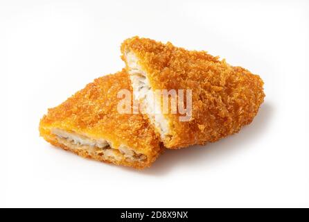 Schneiden Sie Fischbraten auf einem weißen Hintergrund platziert Stockfoto