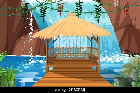Landschaft von Holzpavillon am Wasserfall im Wald Stock Vektor