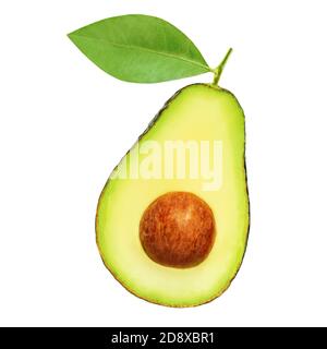 Ganze und halbiert Avocado isoliert auf weißem Hintergrund. Bio Avocado mit Samen Draufsicht Stockfoto