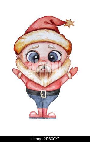 Niedliche Weihnachtsfigur. Fabelhafter alter Mann Santa Claus. Aquarell. Isoliert auf weißem Hintergrund. Handzeichnung für Grußkarte und Neujahr Design Stockfoto