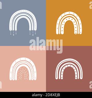 Weißer Boho Regenbogen auf farbigem pastellfarbenem Hintergrund. Stock Vektor