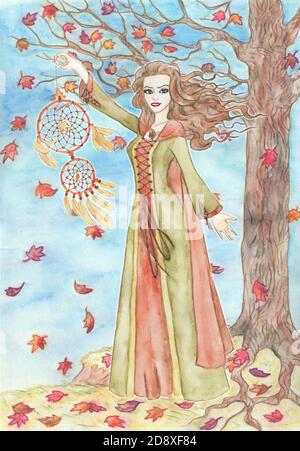 Natur Hintergrund mit Baum, Kopierer Raum und schöne Mädchen oder Frau hält Traumfänger als Herbst gegen fallende rote Blätter. Handgezeichnetes Aquarell i Stockfoto